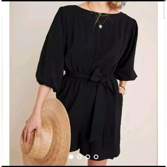 Anthropologie Francesca Balloon Sleeve Textured Romper Medium Womens BLACK - Picture 1 of 13